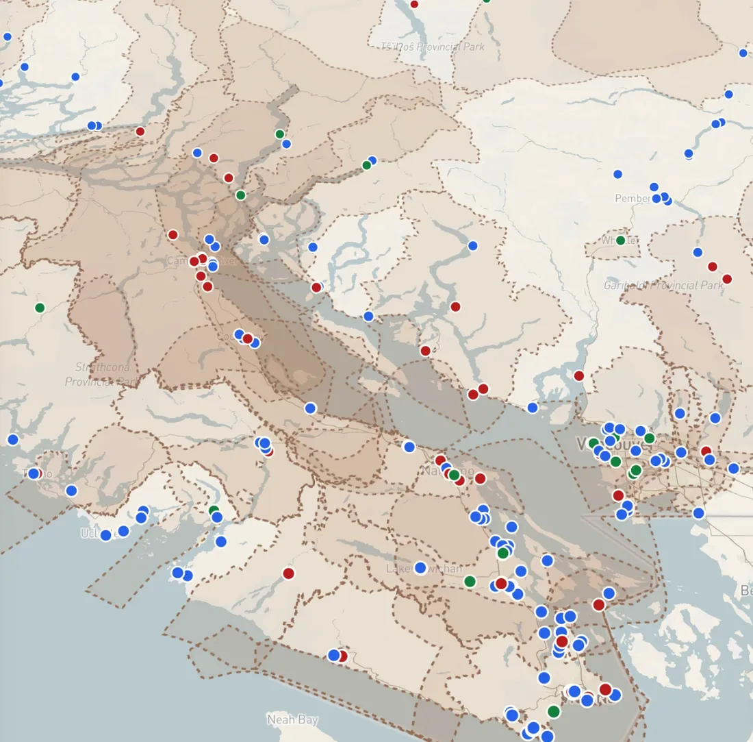 Southwest British Columbia with land matter locations and boundaries